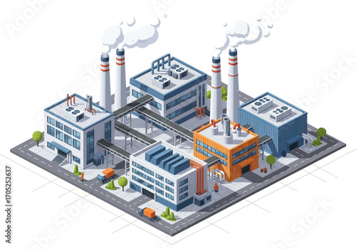 Modern industrial complex with smokestacks and conveyor belts, symbolizing production and manufacturing.