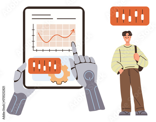 Robotic hands analyzing financial chart on tablet, engaging with candle patterns. Male figure with bag aside. Ideal for AI, finance, innovation, trading, education teamwork automation. Simple flat