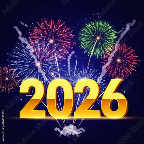 Festive New Year 2026 vector illustration featuring brilliant golden typography and a spectacular colorful fireworks display against a night sky