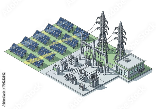 Modern solar power station generating clean energy with transmission towers and substations