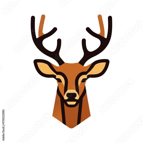 Elegant geometric deer head icon with prominent antlers. A minimalist stag mascot vector art for branding, isolated on a white background