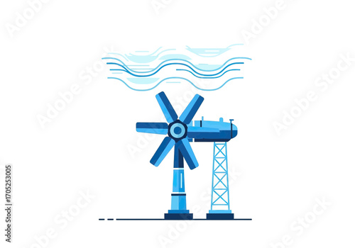 Modern wind turbine generating clean energy against stylized sky with flowing lines suggesting wind power.