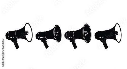 Four black megaphone silhouettes lined up against white background