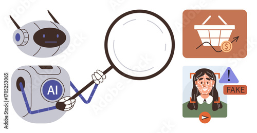 AI robot holds a magnifying glass examining e-commerce basket and fake content warning. Ideal for fraud prevention, digital retail, AI analysis, online security, consumer trust, tech ethics, simple