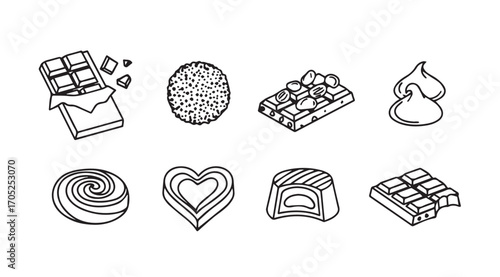 Collection of various chocolate treats and bars in a simple line art silhouette