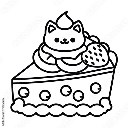 Kawaii Cat Character Sitting on a Strawberry Cake Slice with Whipped Cream and Circles kitten