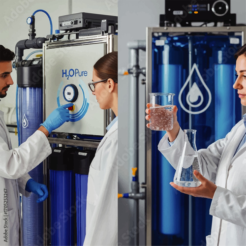 Scientific researchers working in a modern laboratory, analyzing water quality and operating an advanced industrial purification system