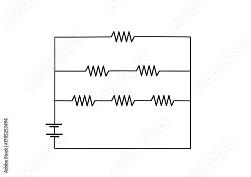 Electrical circuit diagram with resistors in series and parallel configuration. Schematic of an electronic circuit with multiple resistors and a battery
