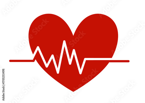 Heartbeat pulse line on red heart symbol illustration. Cardiogram rhythm on stylized heart icon