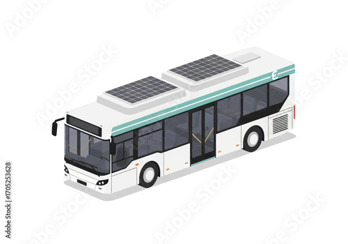 Modern electric bus with solar panels driving on urban street, sustainable transport solution