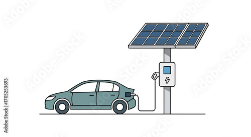 Modern electric car charging at solar powered station for sustainable energy future