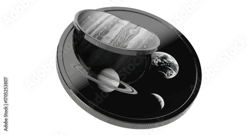 Celestial bodies in a reflective surface showcase the solar system's grand expanse