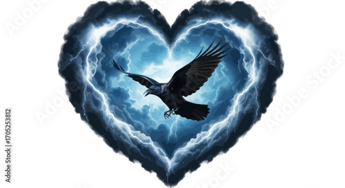 Captivating heart-shaped design featuring a majestic raven amidst storm clouds and lightning flashes