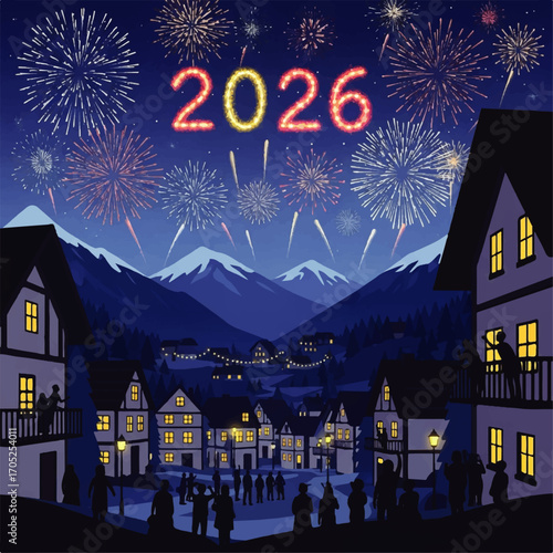 Vector illustration of a community celebrating the New Year 2026 with a magical sky lantern festival on a starry night