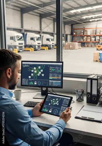 Warehouse logistics management with digital tools in modern facilities for efficient distribution and supply chain operations