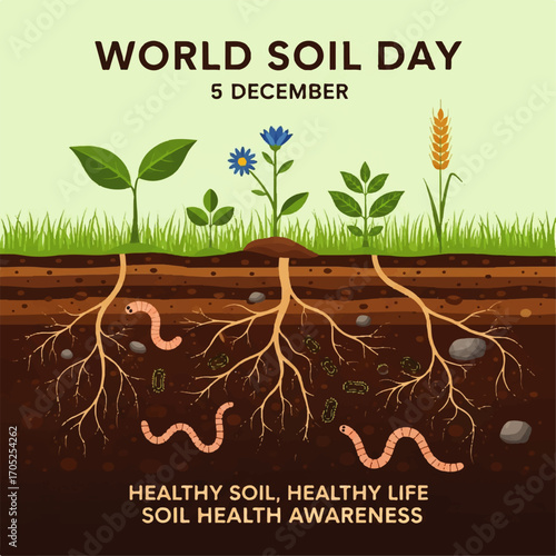 Cross-section of fertile earth showcasing a healthy underground ecosystem with plant life cycles, root systems, and earthworms in a flat vector design