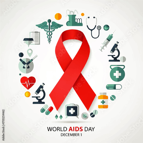 Creative vector composition with a central red ribbon for AIDS and HIV awareness, set within a circle of medical symbols and elements