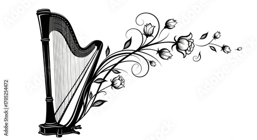 Elegant harp entwined with blossoming floral elements in a graceful monochrome composition