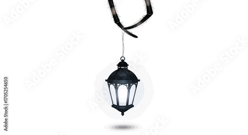 Enigmatic lantern suspended by twig on pristine backdrop illustration design