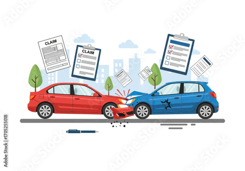 Car accident scene with claim forms and pen, symbolizing insurance process and legal claim resolution.