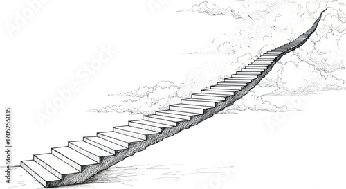 Ink Drawing of Ascending Stairway Towards the Heavens Surrounded by Clouds Scenery
