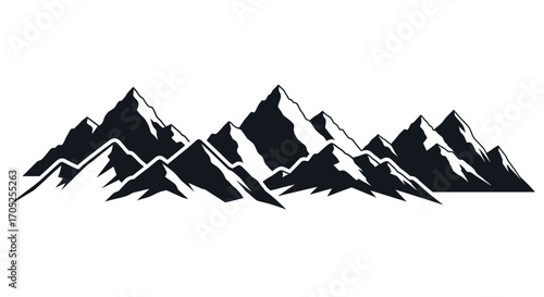 Majestic mountain range silhouette against a white background