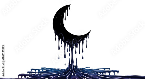 Melting crescent moon illustration with dripping paint effect on a stark white background