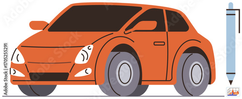 Orange compact car with stylized features parked next to a standing blue pen. Ideal for transportation, automobile, design, scale, comparison, creativity, minimalism themes. A simple flat metaphor