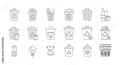 Collection of hand drawn trash cans and recycling bins silhouette