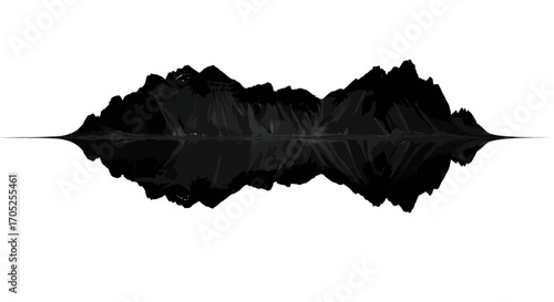 Monochromatic mountain range silhouette mirroring on a serene body of water effect