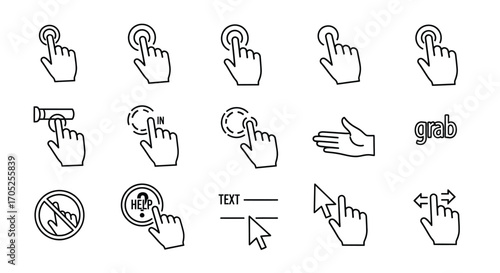 Collection of hand gestures and touch screen interaction icons silhouette