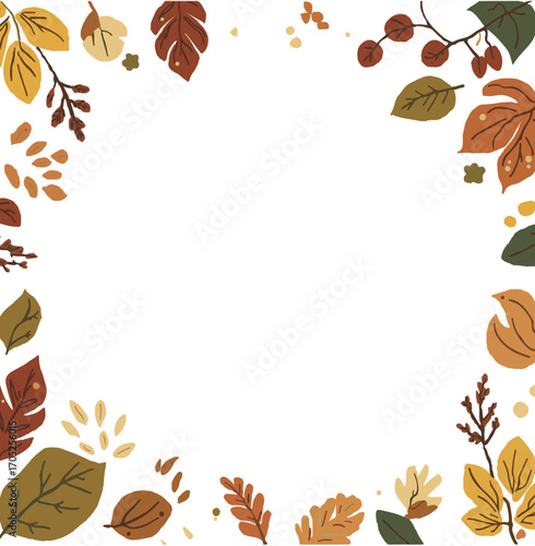 Vector design of simple flat autumn background with a muted earthy color palette featuring shades of olive green, terracotta, and golden brown, basic stylized leaf icons
