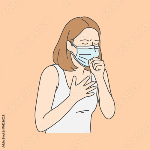 Illustration of a woman in a mask coughing, highlighting health, respiratory issues, and safe practices