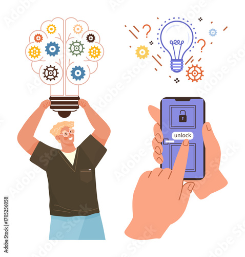 Person lifting light bulb with gears symbolizing innovation and creativity, paired with hand pressing unlock button on smartphone. Ideal for problem solving, invention, teamwork, learning