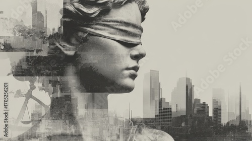 A blindfolded statue of Lady Justice stands against a city skyline. The image combines elements of law, justice, and urban life in a monochrome style.