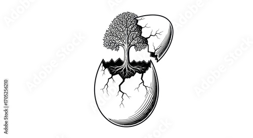 Symbolic illustration of a tree emerging from a cracked egg, representing new life and nature's