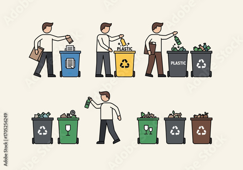 People diligently sorting waste into colorful recycling bins promoting environmental responsibility and sustainability awareness.