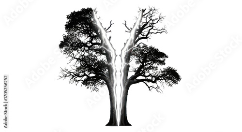 Symmetrical silhouette of two trees struck by lightning embodying energy and nature's power