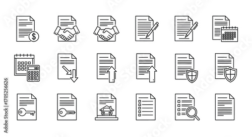 Collection of document icons representing various financial and legal concepts silhouette