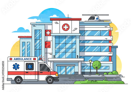Modern hospital building with ambulance and helicopter ready for urgent medical care