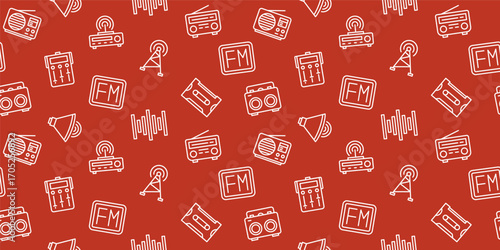 Seamless Pattern Radio Broadcast: Outline Icons of Old Radios, Cassettes, and Antennas for Retro, Communication, and Audio-Themed Designs