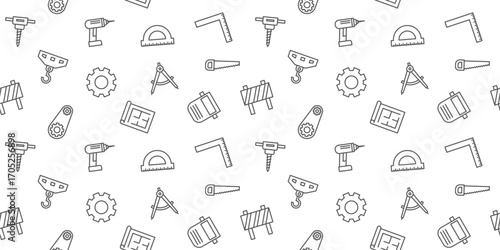 Seamless Engineering and Construction Pattern: Outline Icons of Drills, Gears, and Blueprints for Industrial and Professional Backgrounds