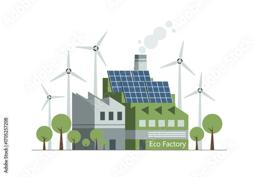 Modern eco factory harnesses clean energy with solar panels and wind turbines