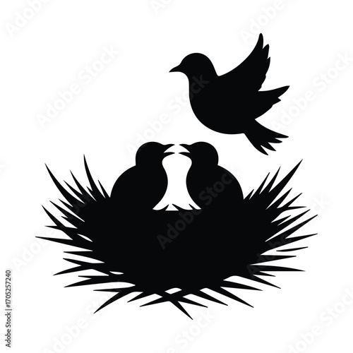 Silhouette of a Bird Nest with Young Birds and Flying Bird Symbol of Family and Nature