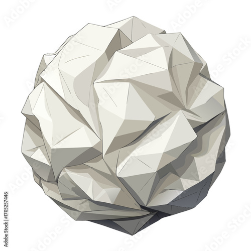 White crumpled paper ball with geometric triangular facets and shadows.