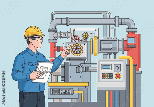 Engineer inspecting complex industrial machinery and controls with blueprint in hand