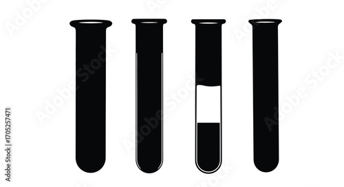 Four black silhouette test tubes one partially filled with liquid