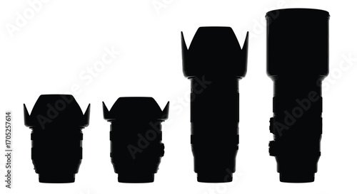 Four different sized camera lens hoods in silhouette