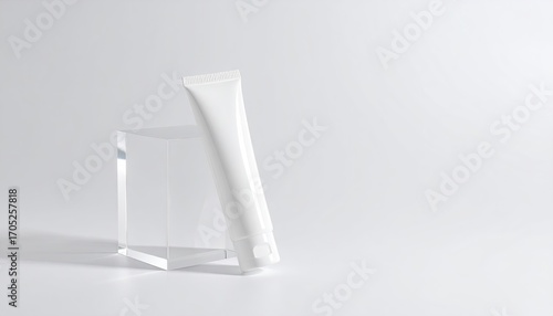 White Gel Tube Mockup on Glass Block Minimal Product Packaging