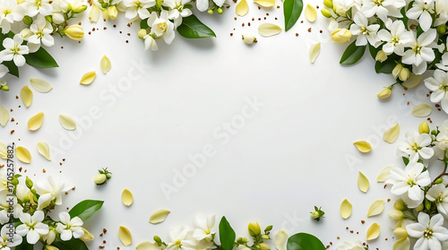 Elegant Floral Arrangement with White Flowers, Petals, and Green Leaves on White